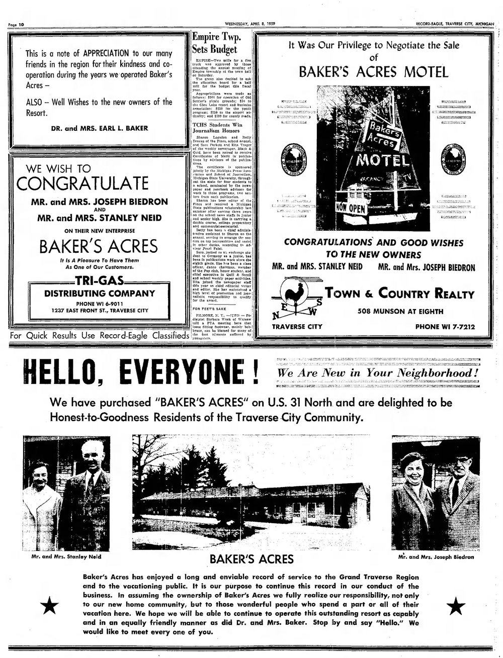 Bakers Acres Motel and Cottages (Waterfront Inn, Tamarack Lodge, Bakers Acres) - April 1959 Opening Article And Ads (newer photo)